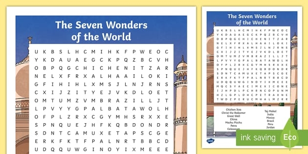 New 7 Wonders of the World word search worksheet for second graders