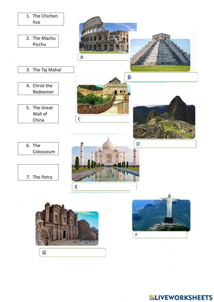 New 7 Wonders Word Search worksheet for second graders to learn about global landmarks
