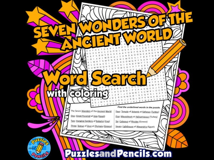 New 7 Wonders Word Search worksheet for second graders to enhance their vocabulary