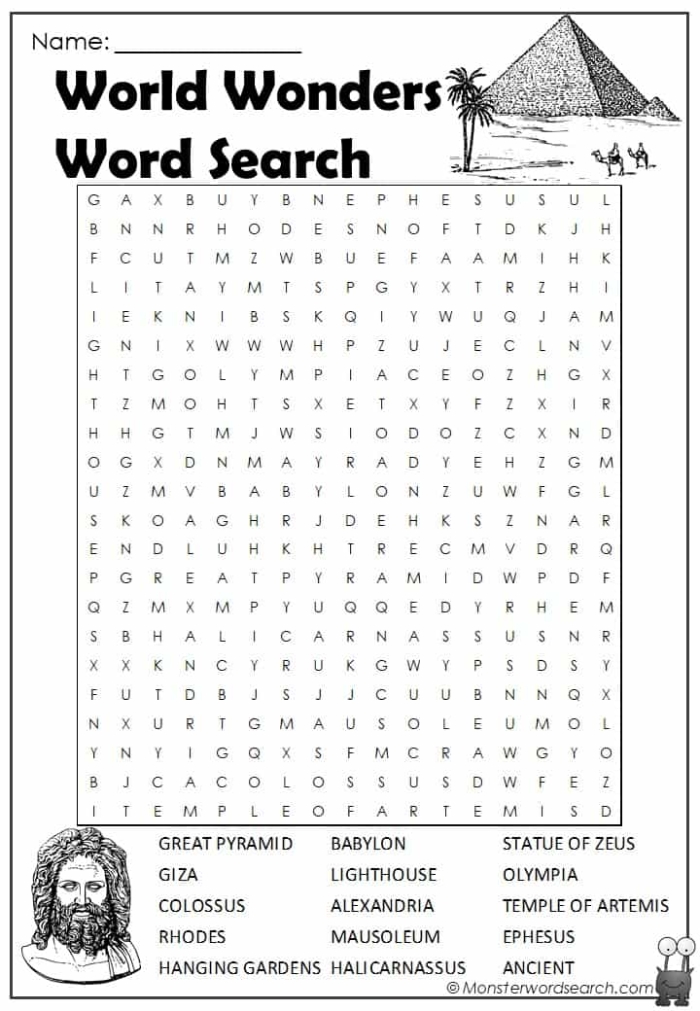 New 7 Wonders Word Search worksheet for second graders to enhance their vocabulary