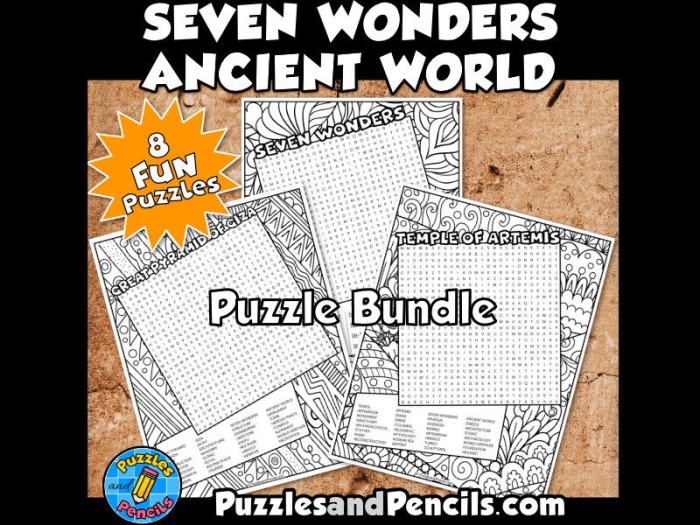 New 7 Wonders of the World word search worksheet for second graders