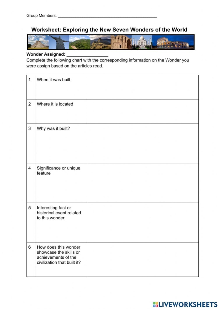 New 7 Wonders Word Search worksheet for second graders to explore famous landmarks