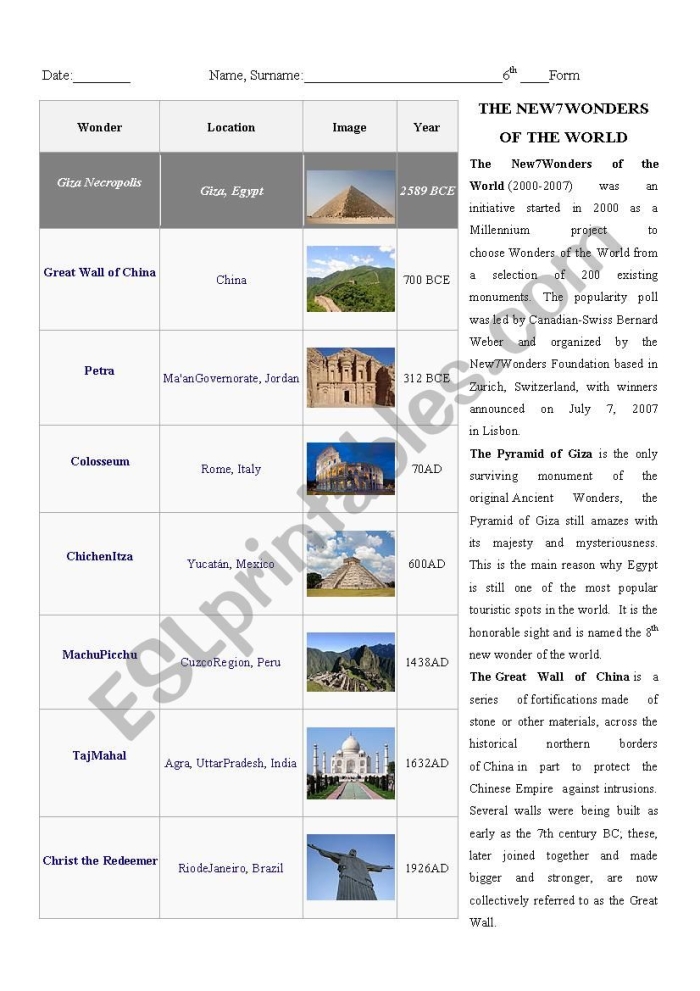 Students exploring the New Seven Wonders of the World through an interactive research worksheet activity