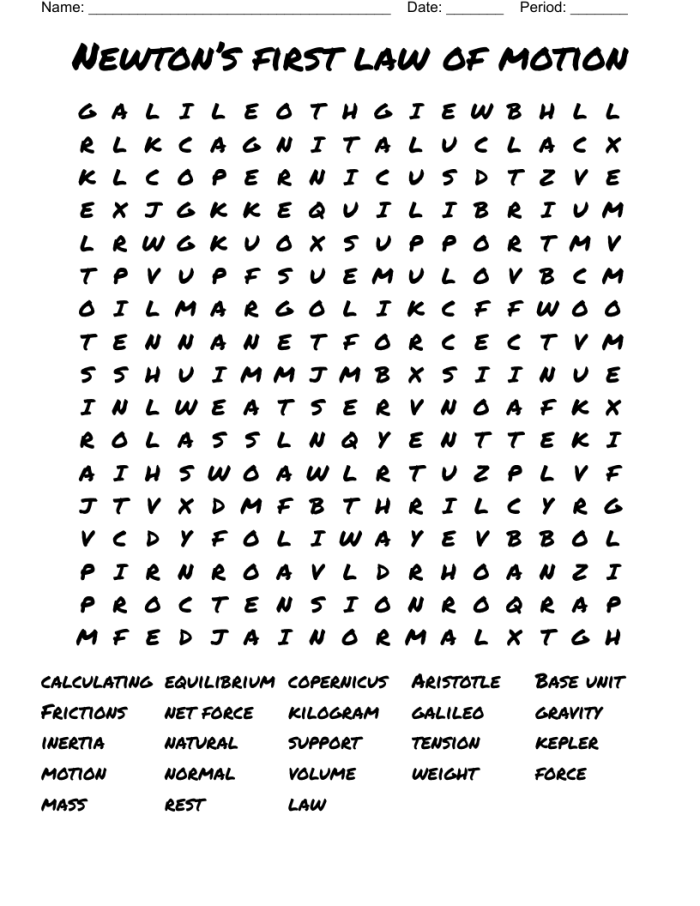 Illustration of a matching activity worksheet focused on Newton's First Law of Motion for sixth graders