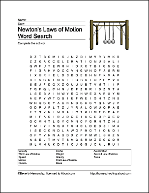 Worksheet for learning about Newton's First Law of Motion with a matching activity for sixth graders