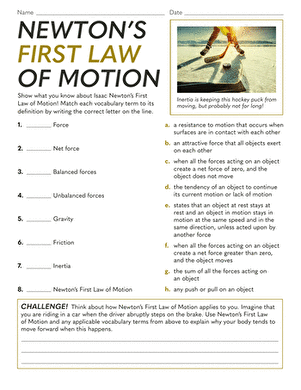 Matching activity worksheet for Isaac Newton's First Law of Motion in a sixth-grade phonics class