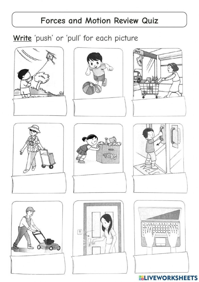 Worksheet illustrating Newton's Second Law principles of mass, force, and motion for sixth graders