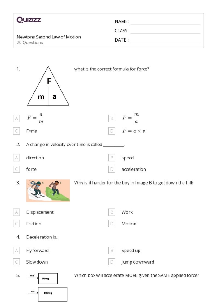 Illustration of Newton's Second Law demonstrating mass, force, and motion concepts for sixth graders