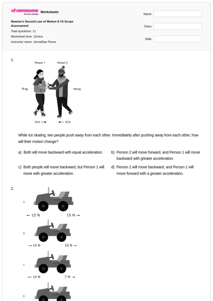 Worksheet illustrating Newton's Second Law with examples of mass and force on motion