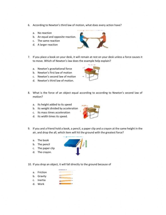 Sixth grade physical science worksheet exploring Newton's Second Law through mass and motion concepts