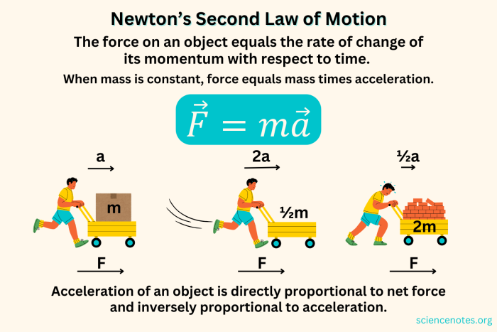 Sixth grade science worksheet illustrating the relationship between mass force and motion for Newton's Second Law
