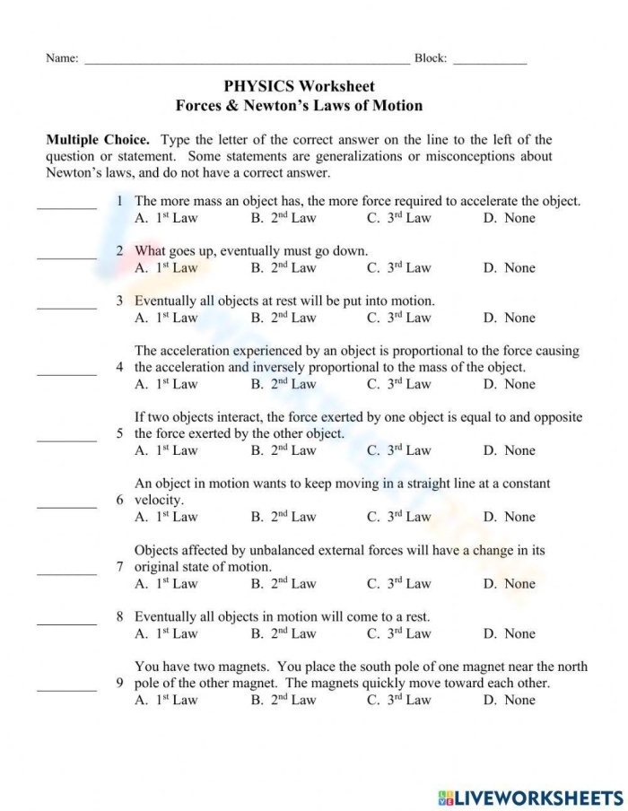 Worksheet illustrating Newton's Second Law concepts of mass, force, and motion for sixth graders