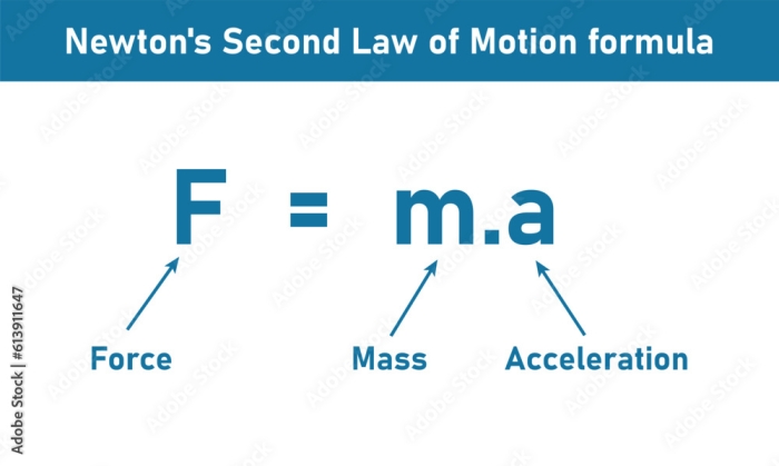 Worksheet illustrating Newton's Second Law with examples of mass, force, and motion