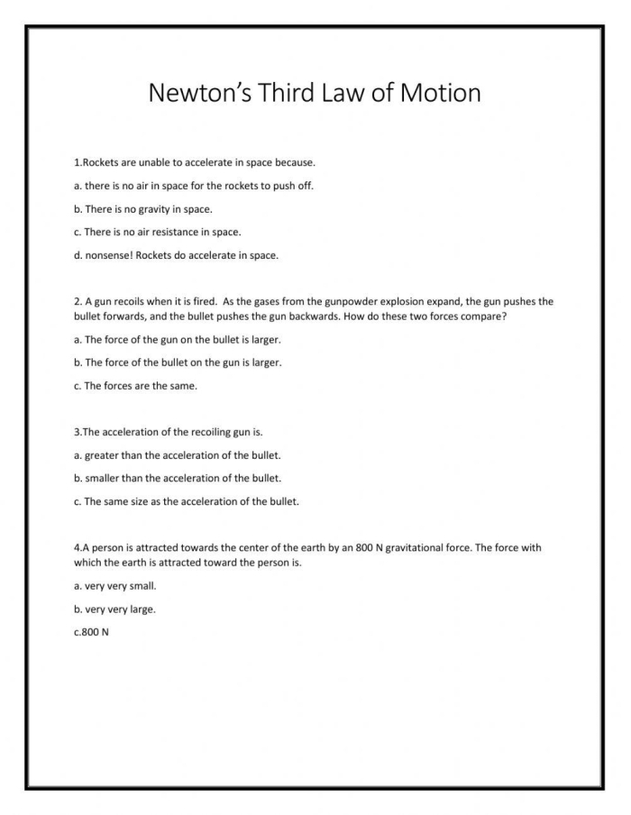 Newton's Third Law Worksheet for Fifth Grade Vocabulary Understanding A fifth-grade worksheet illustrating Newton's Third Law of motion with engaging examples