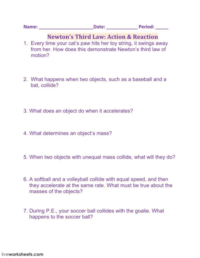 Worksheet on Newton's Third Law for fifth-grade vocabulary practice Illustration of a fifth-grade student learning about Newton's Third Law with a worksheet
