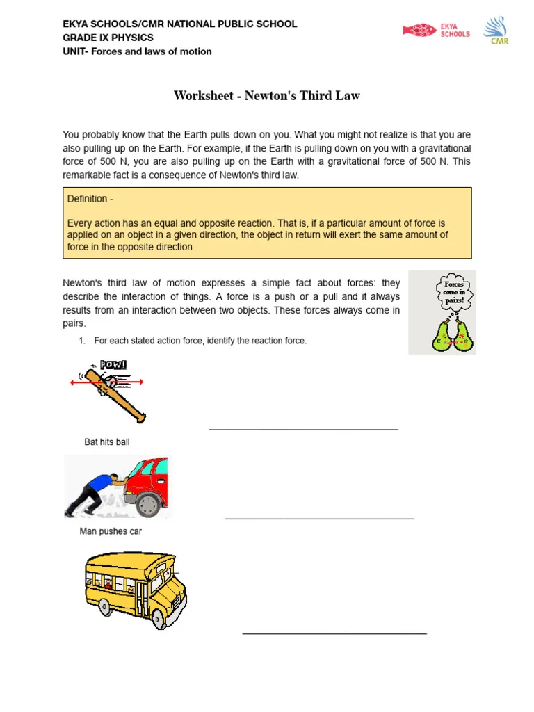 Worksheet on Newton's Third Law: Understanding action and reaction A fifth-grade worksheet exploring Newton's Third Law of Motion concepts