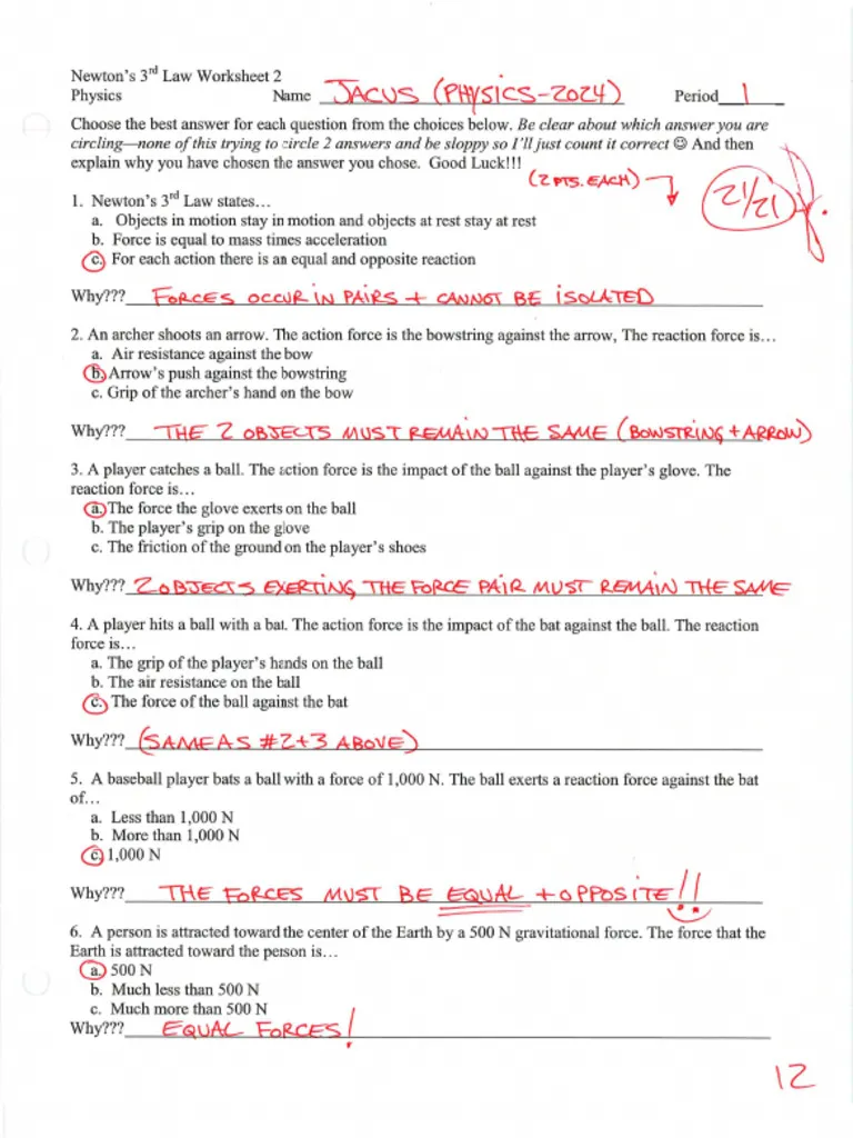 Educational resource for fifth graders on Newton's Third Law of Motion Newton's Third Law worksheet illustrating the concept of action and reaction forces