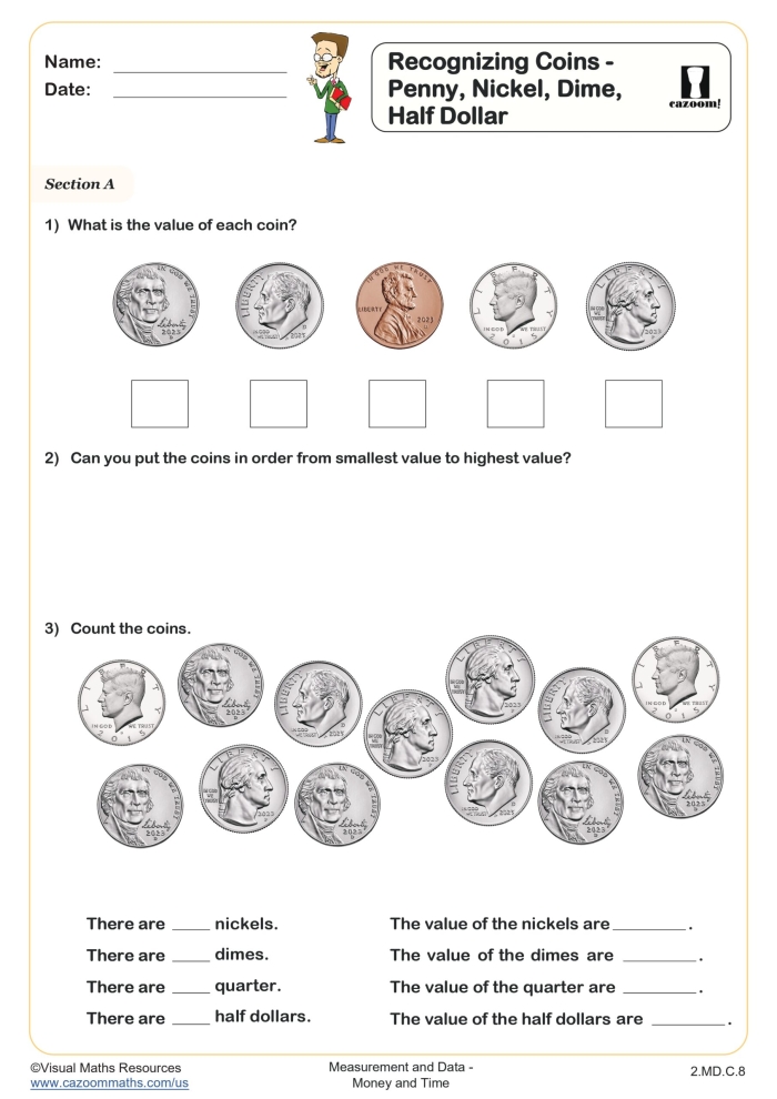 worksheet featuring a nickel and activities for kindergarten kids to learn about money