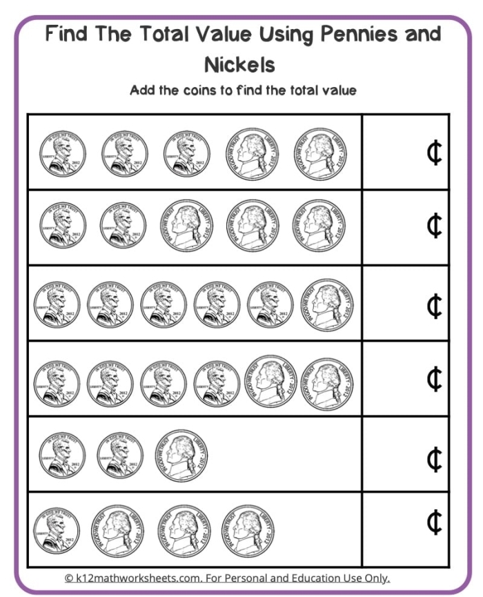 Second grade worksheet teaching students how to identify and count nickel coins