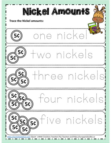 Worksheet exploring the concept of a nickel for second graders
