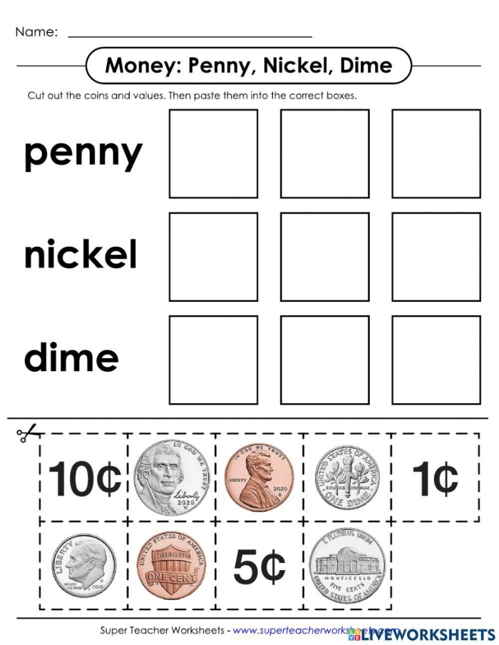 Worksheet featuring a nickel for teaching kids about coins and counting