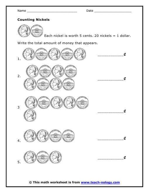 Second grade math worksheet teaching children how to identify and count nickel coins