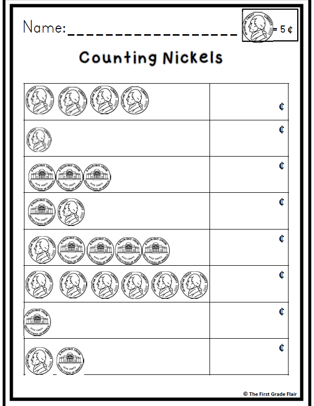 Worksheet teaching children about the nickel, featuring images and activities for second graders