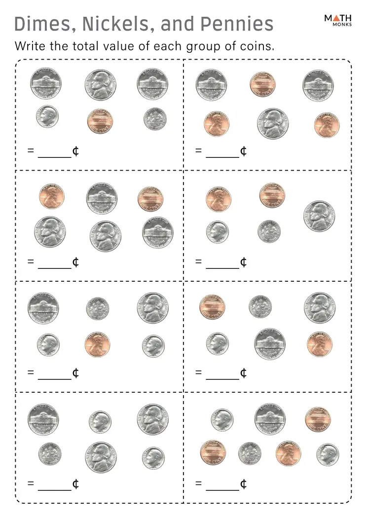 Worksheet for teaching kindergarten students about the nickel, a five-cent coin. Fun activities to help kids learn about money in a playful way.