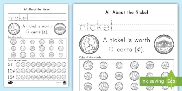 Second grade worksheet explaining the value and appearance of a nickel coin