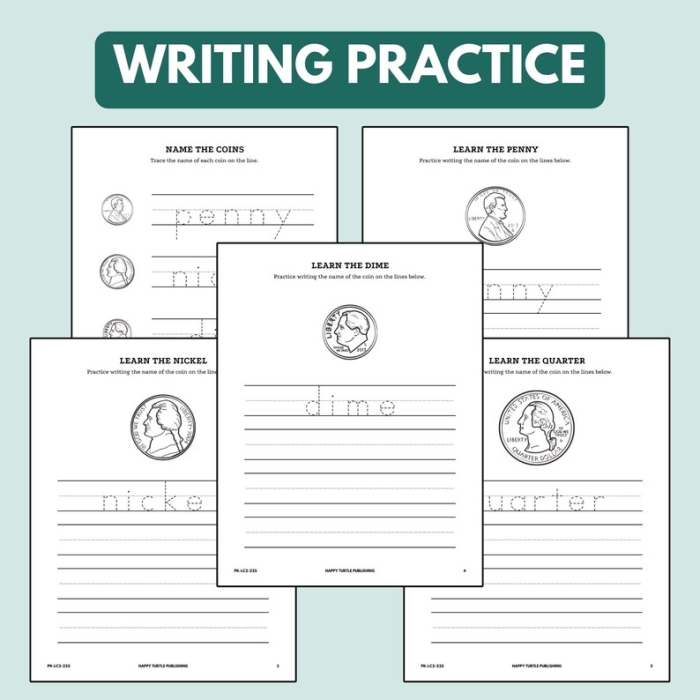 Worksheet for teaching kids about the nickel and its value of five cents