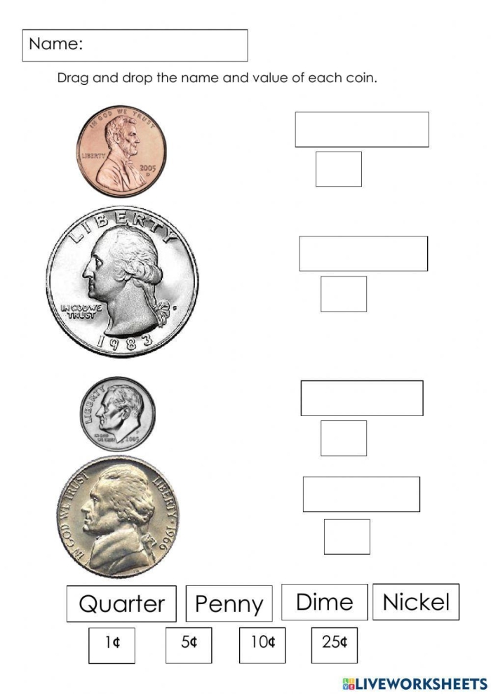Worksheet for teaching kids about the nickel and its value of five cents