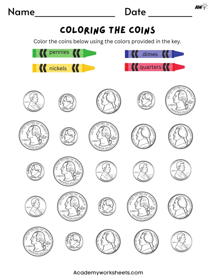 Worksheet for learning about the nickel, featuring engaging activities for kids. Educational resource for kindergarten students to explore the value of five cents.