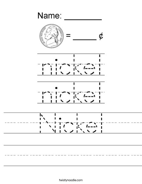 Second grade math worksheet explaining the value and appearance of a nickel coin