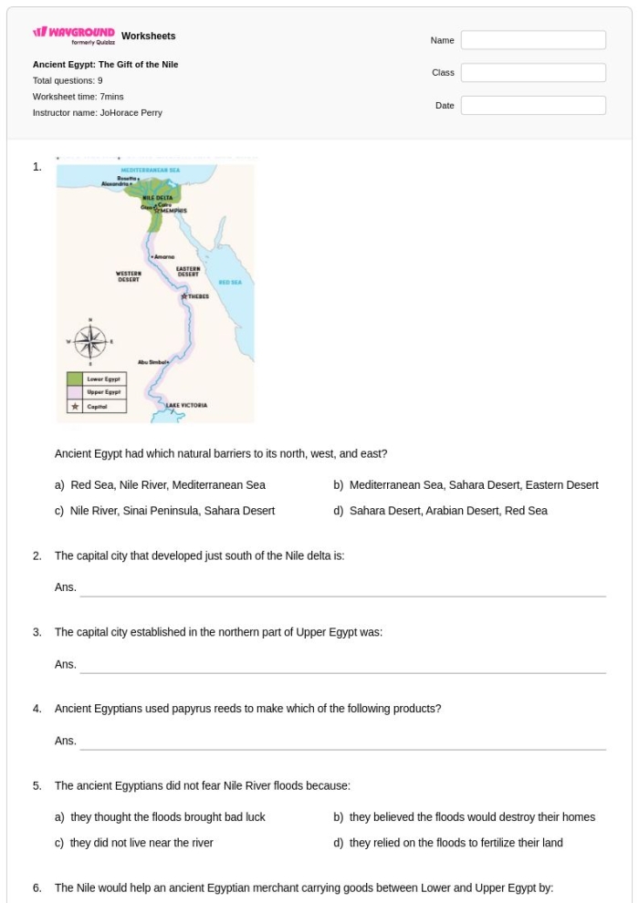 Ancient Egypt The Gift of the Nile educational worksheet 13 Sixth grade geography worksheet about the Nile River and ancient Egyptian civilization