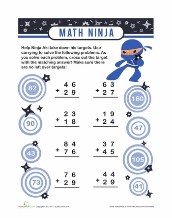 Engaging two-digit addition practice featuring fun ninja graphics Ninja Addition with Carrying worksheet for second graders to enhance their math skills