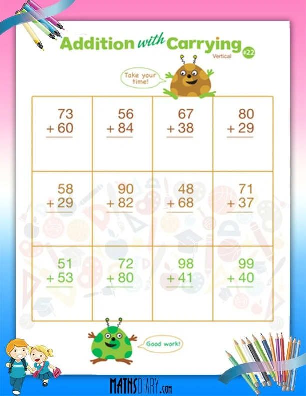 Engaging practice sheet for young learners to master addition with regrouping skills Ninja Addition with Carrying worksheet for second graders focused on two-digit addition practice