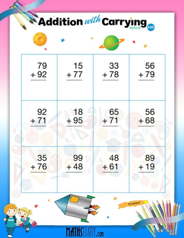 Engaging worksheet to help young students master addition with regrouping techniques Ninja Addition with Carrying worksheet for second graders practicing two-digit addition