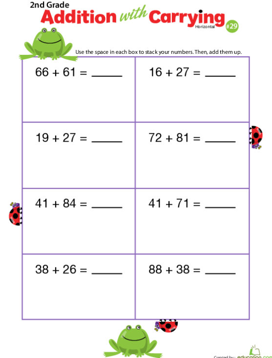 Fun Ninja Addition worksheet for mastering carrying in math for 2nd grade students Ninja Addition with Carrying worksheet for second graders to practice two-digit addition with regrouping