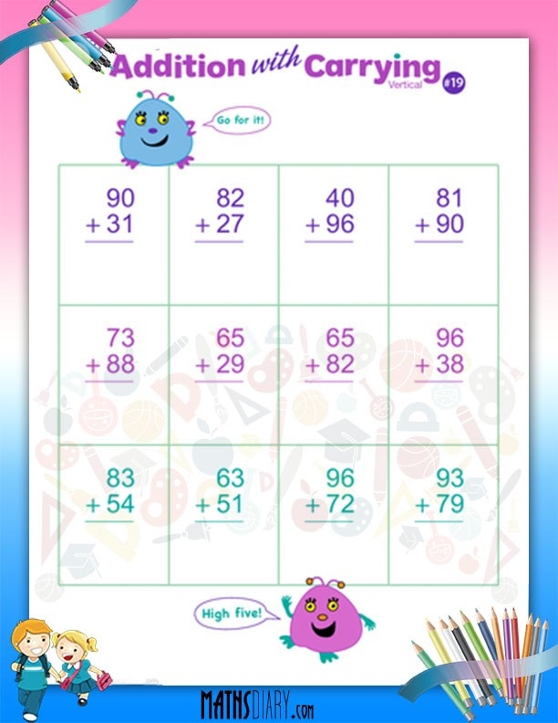 Engaging worksheet for young learners to master addition with carrying techniques Ninja Addition with Carrying worksheet for second graders focusing on two-digit addition practice