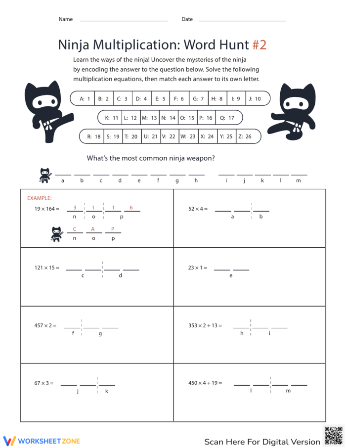 Ninja Word Problems Worksheet 20: Multiplication Practice for Elementary Math Mastery Fourth grade student solving multiplication word problems with ninja themed worksheet for practicing times tables