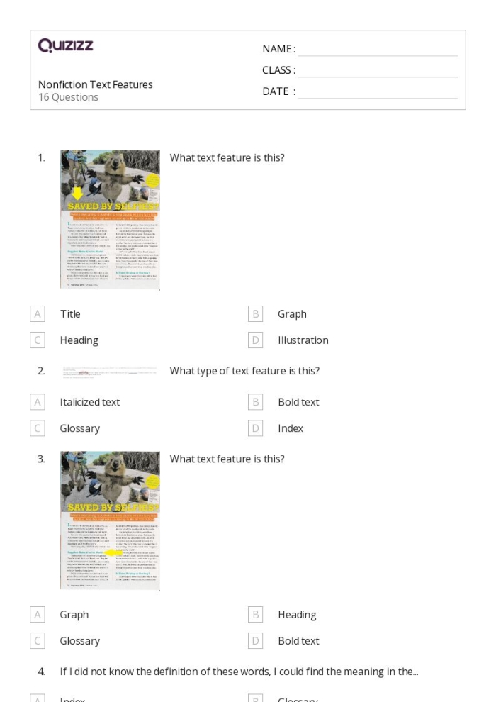 Third grade students identifying nonfiction text features like headings, captions, and bold words on a worksheet page