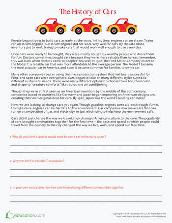 Kids exploring the history of cars in America through a worksheet