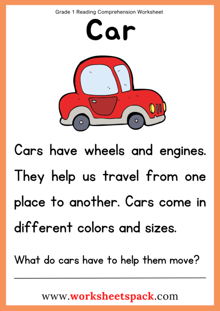 Nonfiction Reading Comprehension worksheet focusing on the history of cars for fourth graders