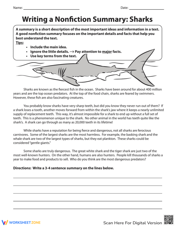 Fourth grade student completing a nonfiction summary worksheet about shark facts