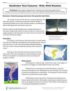 Wild, Wild Weather worksheet for practicing reading comprehension skills Nonfiction text features worksheet focusing on extreme weather for third graders