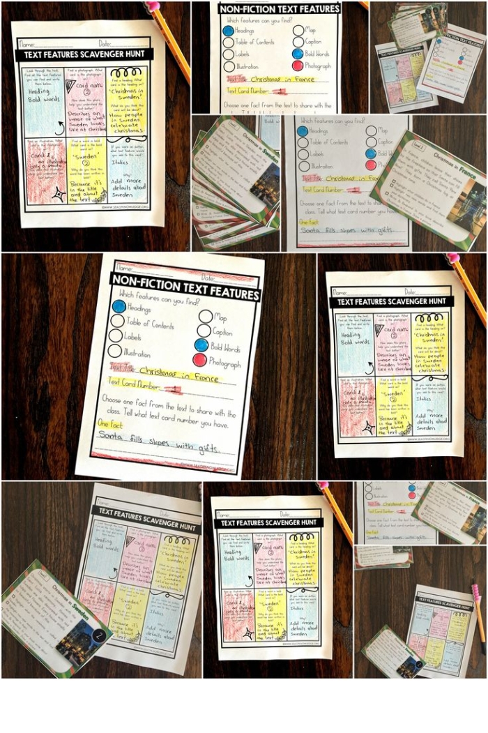 Third grade students identifying nonfiction text features like headings, captions, and bold words in an educational worksheet activity