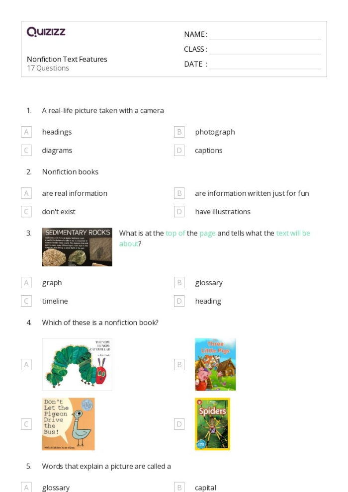 Third grade students identifying nonfiction text features like headings, captions, and bold words on a worksheet page