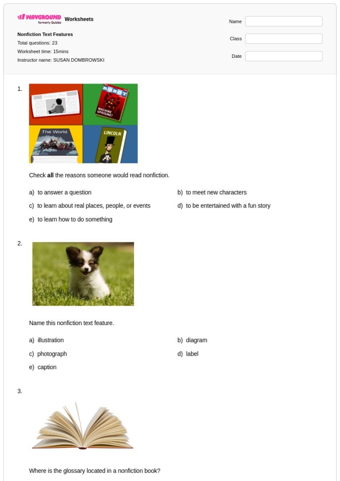 Third grade students working on a nonfiction text features scavenger hunt worksheet