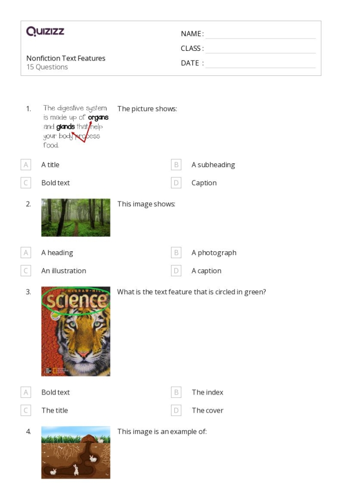 Third grade students using a scavenger hunt worksheet to identify nonfiction text features in geometry lessons