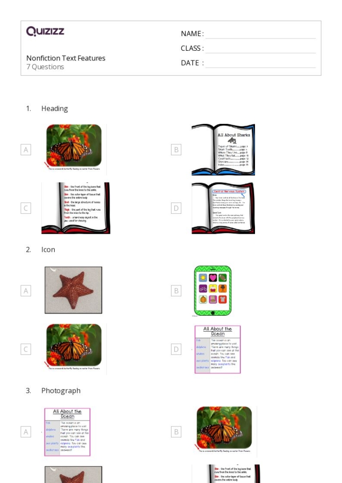 Third grade worksheet page showing text features activity about kangaroos with comprehension questions for students